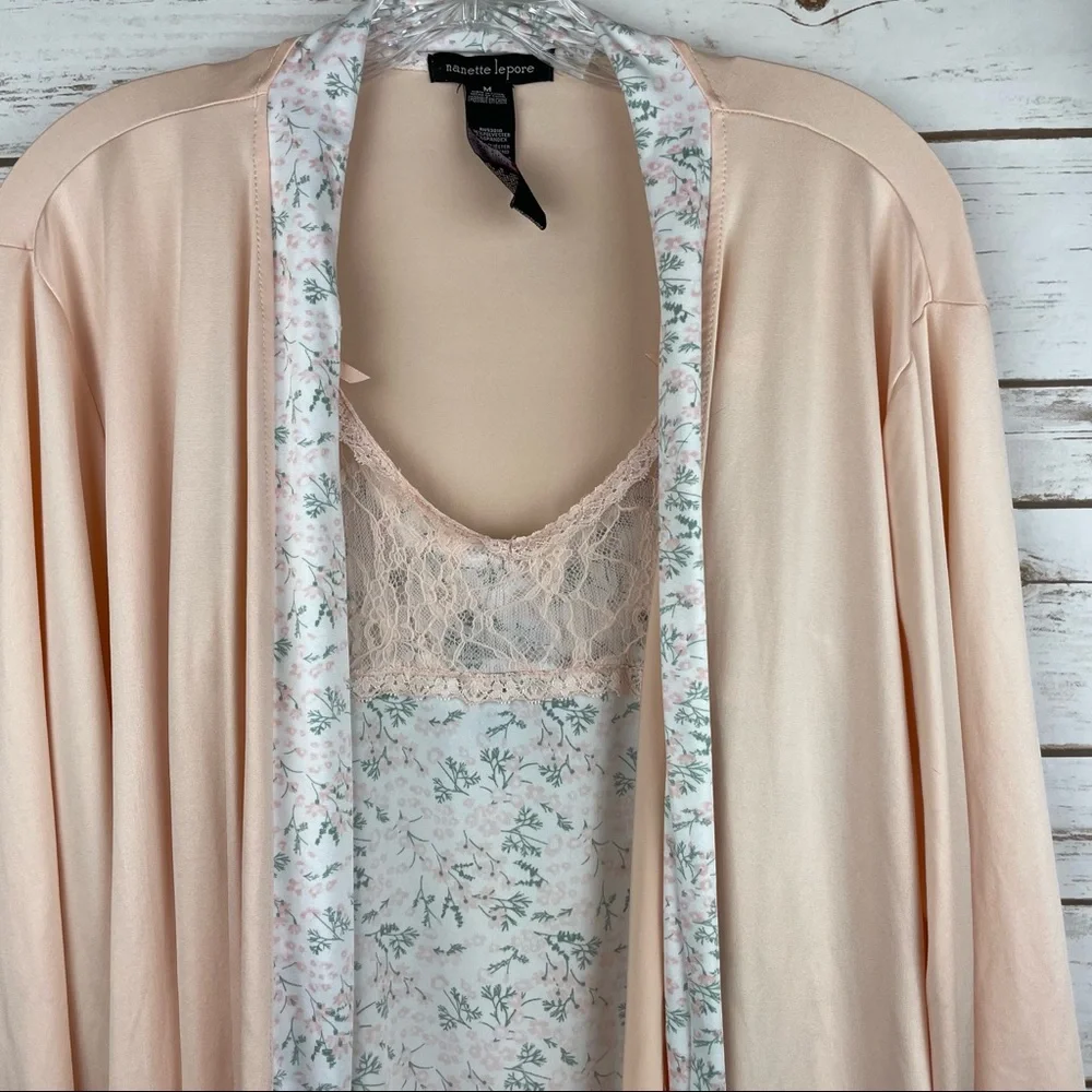 NANETTE LEPORE Short Pale Pink and Green Robe and Nightgown Set size Medium